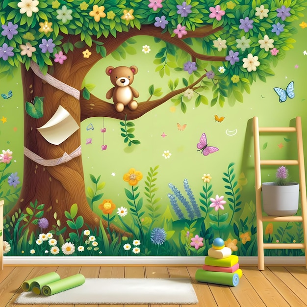 Wallpaper children room painting of a tree with a bear and flowers