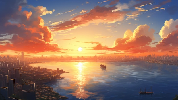 写真 壁紙 都市風景 背景 漫画 夏の日の出 雲の湖と日差し アニメスタイル