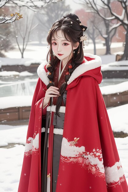 Wallpaper classical chinese beauty wearing hanfu cheongsam jacket in the cold winter and snowing