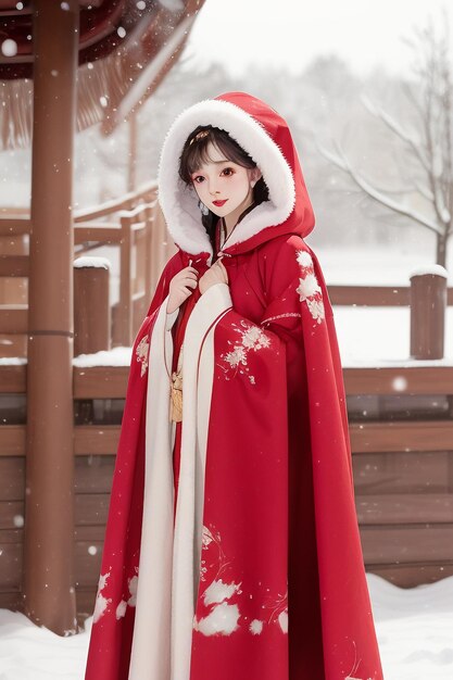 寒い冬にハンフー・チョンサム・ジャケットを着た古典的な中国の美女の壁紙