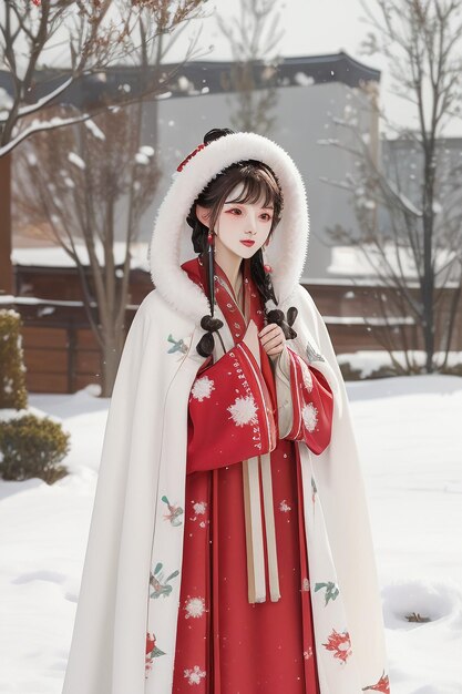 寒い冬にハンフー・チョンサム・ジャケットを着た古典的な中国の美女の壁紙