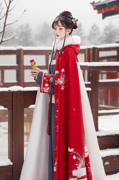 Wallpaper classical chinese beauty wearing hanfu cheongsam jacket in the cold winter and snowing