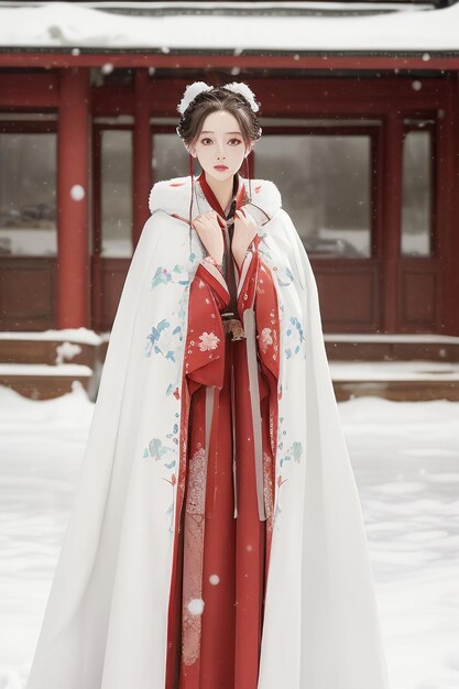 Photo wallpaper classical chinese beauty wearing hanfu cheongsam jacket in the cold winter and snowing