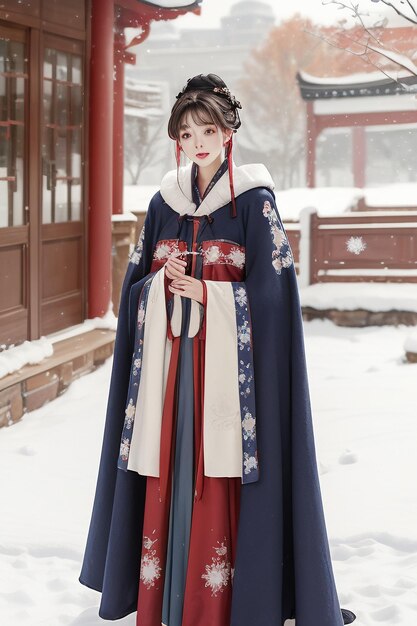 Обои Классическая китайская красавица в куртке Cheongsam Hanfu холодной зимой и снегом