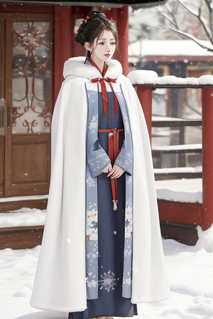 寒い冬と雪が降る中、漢服のチャイナドレスを着た古典的な中国の美しさの壁紙