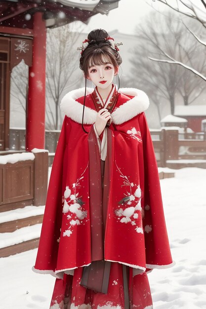 Wallpaper classical chinese beauty wearing hanfu cheongsam jacket in the cold winter and snowing