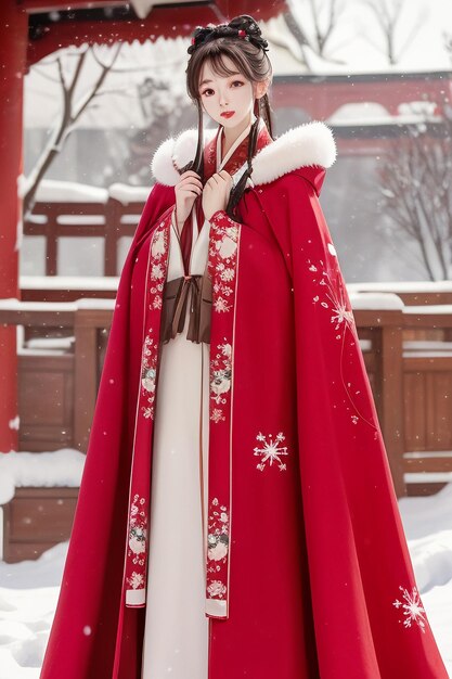 Wallpaper classical Chinese beauty wearing Hanfu cheongsam jacket in the cold winter and snowing