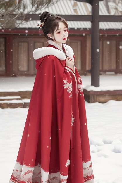 Wallpaper classical Chinese beauty wearing Hanfu cheongsam jacket in the cold winter and snowing