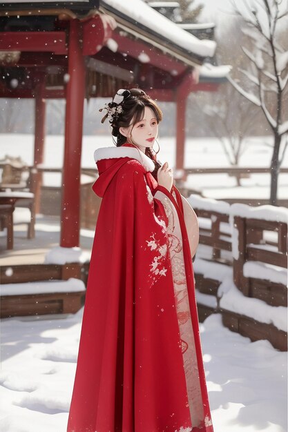 Wallpaper classical chinese beauty wearing hanfu cheongsam jacket in the cold winter and snowing