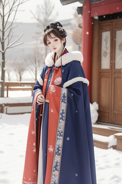 Photo wallpaper classical chinese beauty wearing hanfu cheongsam jacket in the cold winter and snowing