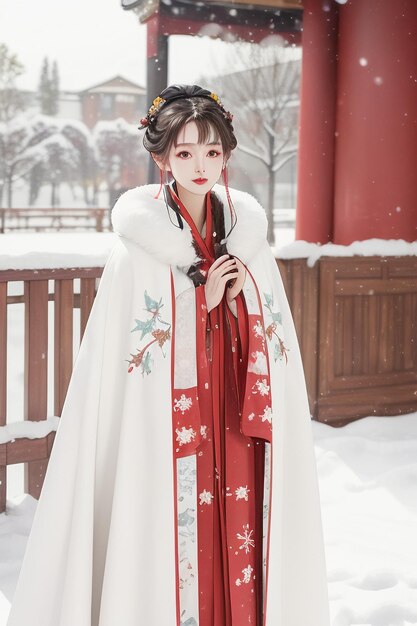 Wallpaper classical chinese beauty wearing hanfu cheongsam jacket in the cold winter and snowing