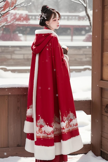 Фото На обоях классическая китайская красавица в куртке ханфу чонгсам в холодную зиму и снег