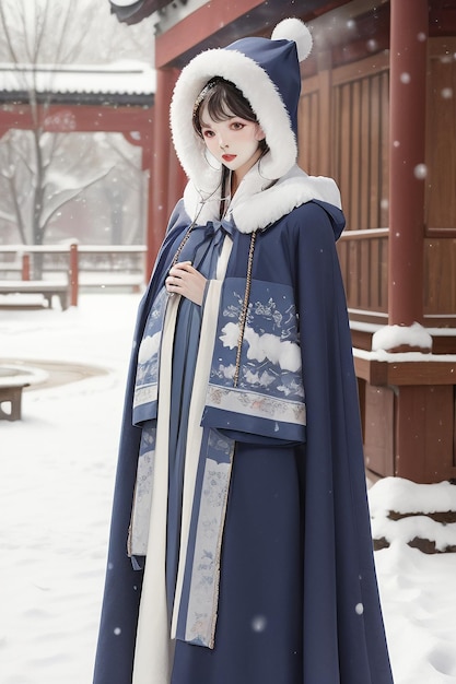 사진 추운 겨울 눈 내리는 한푸 치파오 재킷을 입은 중국 고전 미인 벽지