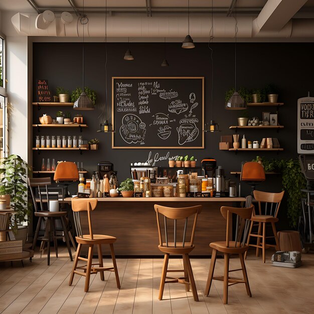 Wallpaper of Coffee Shop Bistro Chair Coffee Mugs Coffee Beans Chalkboard Content Creator Concept