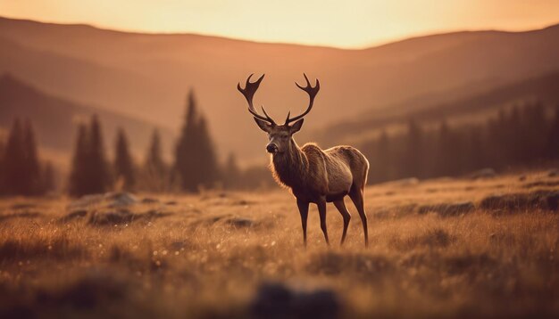 Wallpaper of a deer in front of a mountain illustrated