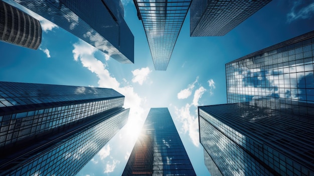 A wallpaper dekstop background photo of a modern office buildings skyscrapers taken from below with