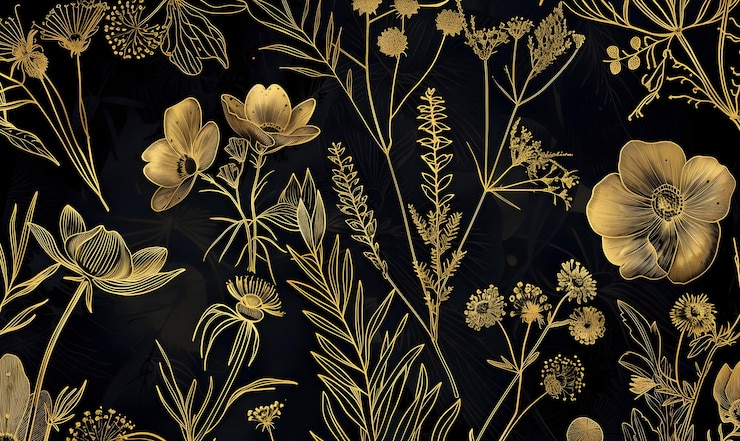 Photo wallpaper design with wild flowers line art gold line background
