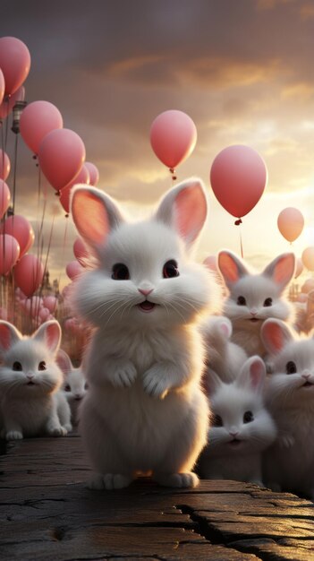 Wallpaper of Fluffy Bunnies Holding Colorful Heartshaped Balloons Generative AI