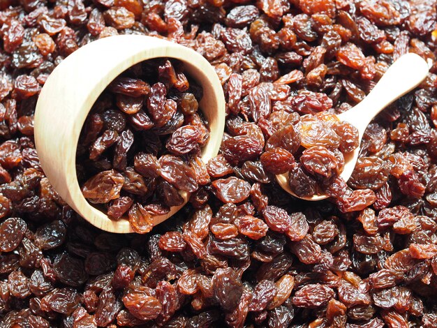 Wallpaper full frame with dried grape raisins in wooden spoon and bowl.