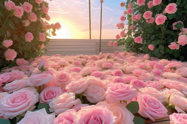 A wallpaper of a garden with pink roses