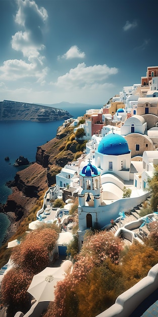 A wallpaper of a greek island with a blue dome