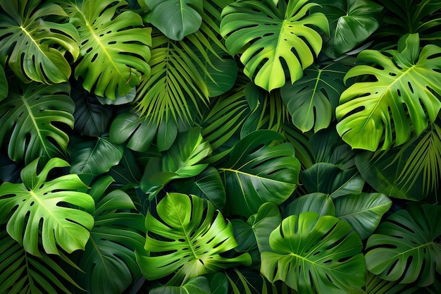 A wallpaper of green tropical leaves with a fresh and natural vibe