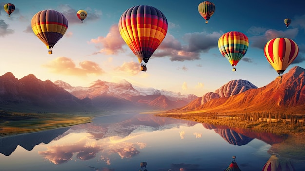 a wallpaper of hot air balloons floating on a lake with mountains in the background.