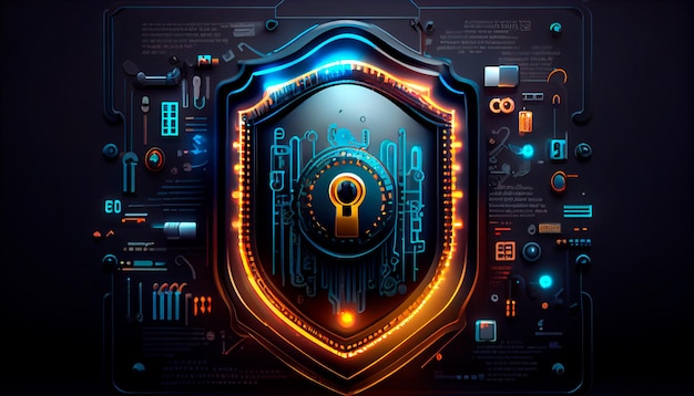 壁紙 キーロック セキュリティ システム テクノロジー デジタル サイバー セキュリティ データ保護シールドのイラストと背景 正面図 データベース セキュリティ ソフトウェアの概念 ジェネレーティブ AI