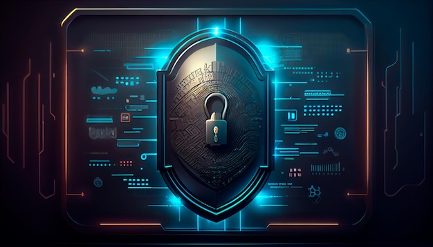 Photo wallpaper illustration and background of cyber security data protection shield with key lock security system technology digital front view concept of database security software generative ai