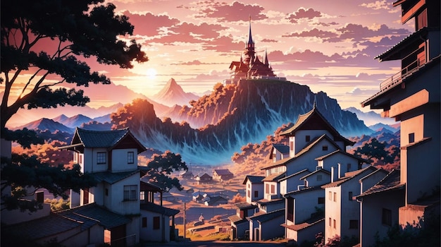 Wallpaper illustration of a town with a mountain and a sunset
