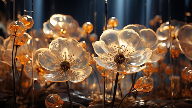 写真 壁紙のインテリアインスタレーション 白いガラスのアネモーン花 メタリックとガラスの花