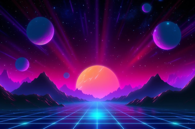 Wallpaper is about retro 80s music with a neon grid and mountains.