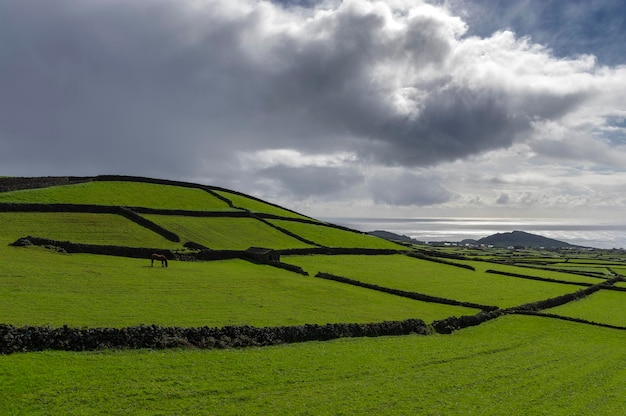 Wallpaper landschap groene velden en wolken Terceira eiland Azoren