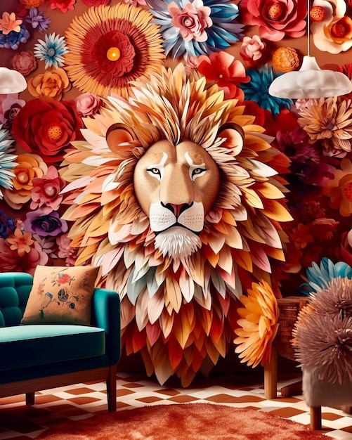 A wallpaper of a lion with flowers on it