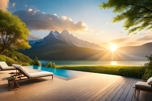 Wallpaper for the living room with a mountain and a swimming pool