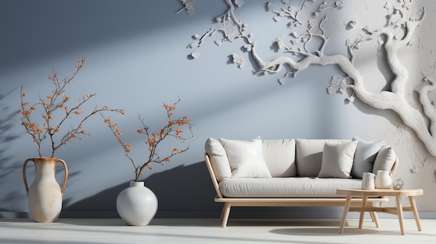 Wallpaper of a luxurious white living room with cherry trees indoors