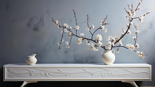 고급스러운 화이트 테이블 상판과 인테리어 벚꽃나무 벽지