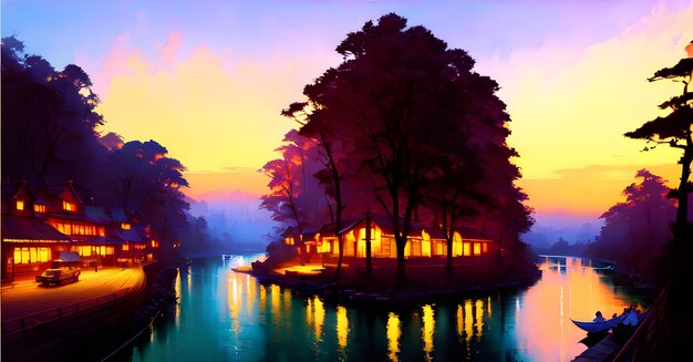 Wallpaper of a natural landscape of rivers lakes forest rainforests countryside background Generative AI for creative posters paintings facebook covers