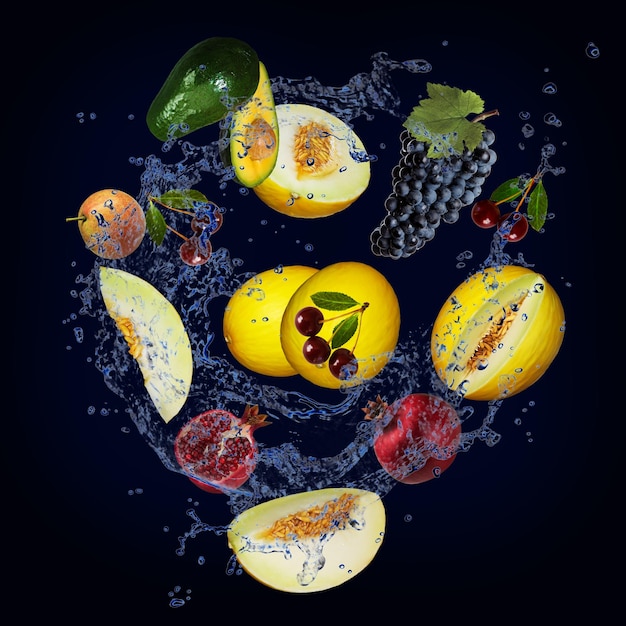 Wallpaper panorama with fruits in the water cherry avocado melon pomegranate grapes are very tasty and healthy