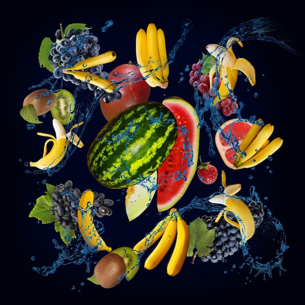 Wallpaper panorama with fruits in the water grapefruit melon watermelon banana kiwi mango are delicious