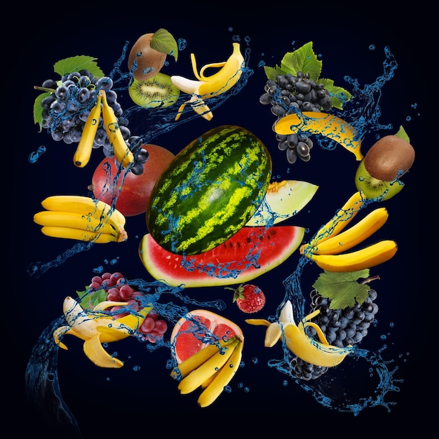 Wallpaper panorama with fruits in the water grapefruit melon watermelon banana kiwi mango are delicious