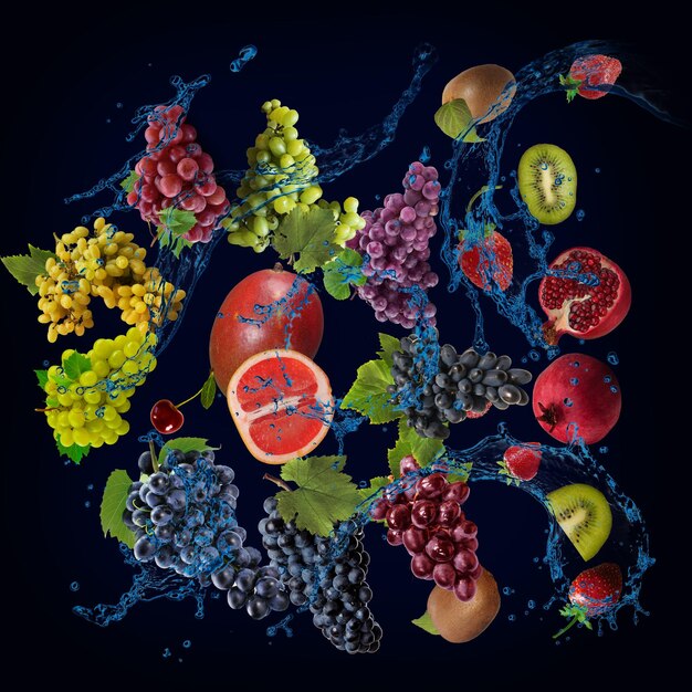 Wallpaper panorama with fruits in the water grapes kiwi mango pomegranate strawberries are very tasty and filled with vitamins