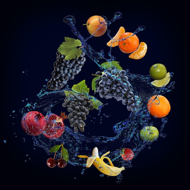 Wallpaper panorama with fruits in the water grapes pear tangerine pomegranate banana cherry energy and cheerfulness