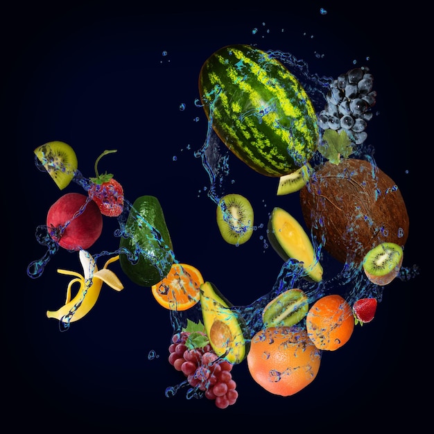 Wallpaper panorama with fruits in the water kiwi melon apple strawberry are very tasty and filled with vitamins