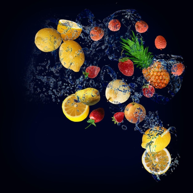 Wallpaper panorama with fruits in the water lemon lychee pear strawberry are very tasty and filled with vitamins