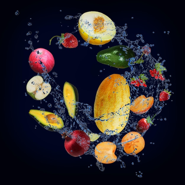 Wallpaper panorama with fruits in the water melon strawberry persimmon avocado pomegranate are filled with vitamins