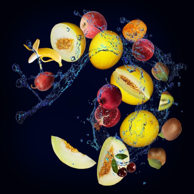 Photo wallpaper panorama with fruits in the water plum melon kiwi pomegranate cherry peach persimmon are very tasty and filled with vitamins