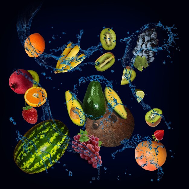 Wallpaper panorama with fruits in the water watermelon pomegranate banana kiwi coconut grapes are delicious