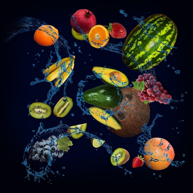 Wallpaper panorama with fruits in the water watermelon pomegranate banana kiwi coconut grapes are delicious