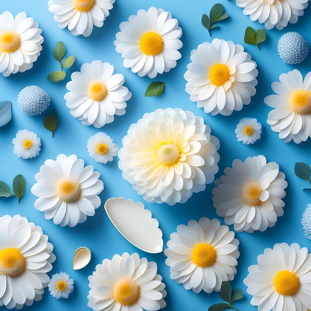 Wallpaper pattern of white chrysanthemum petals on a blue background flowers composition